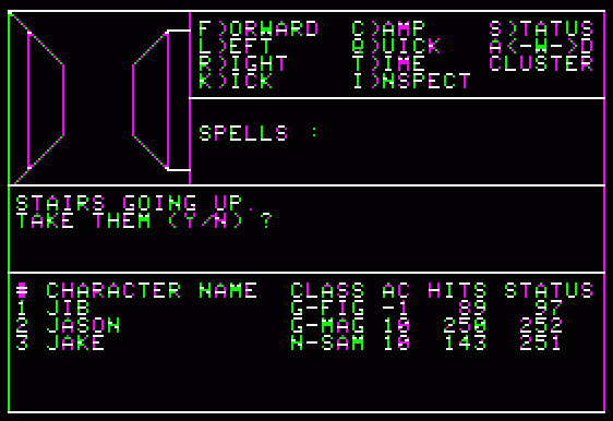 Capture d'écran de Wizardry, montrant diverses commandes, statistiques, et l'image en fil de fer d'un couloir.